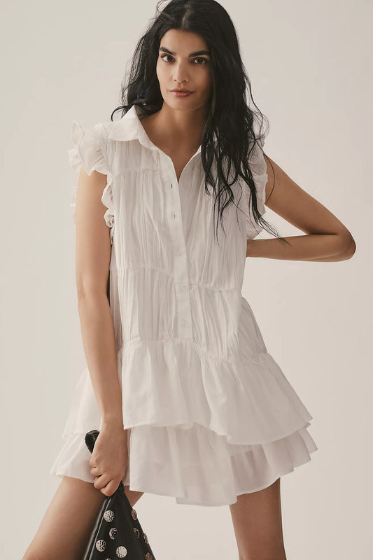 By Anthropologie Sleeveless Ruffle Mini Shirt Dress