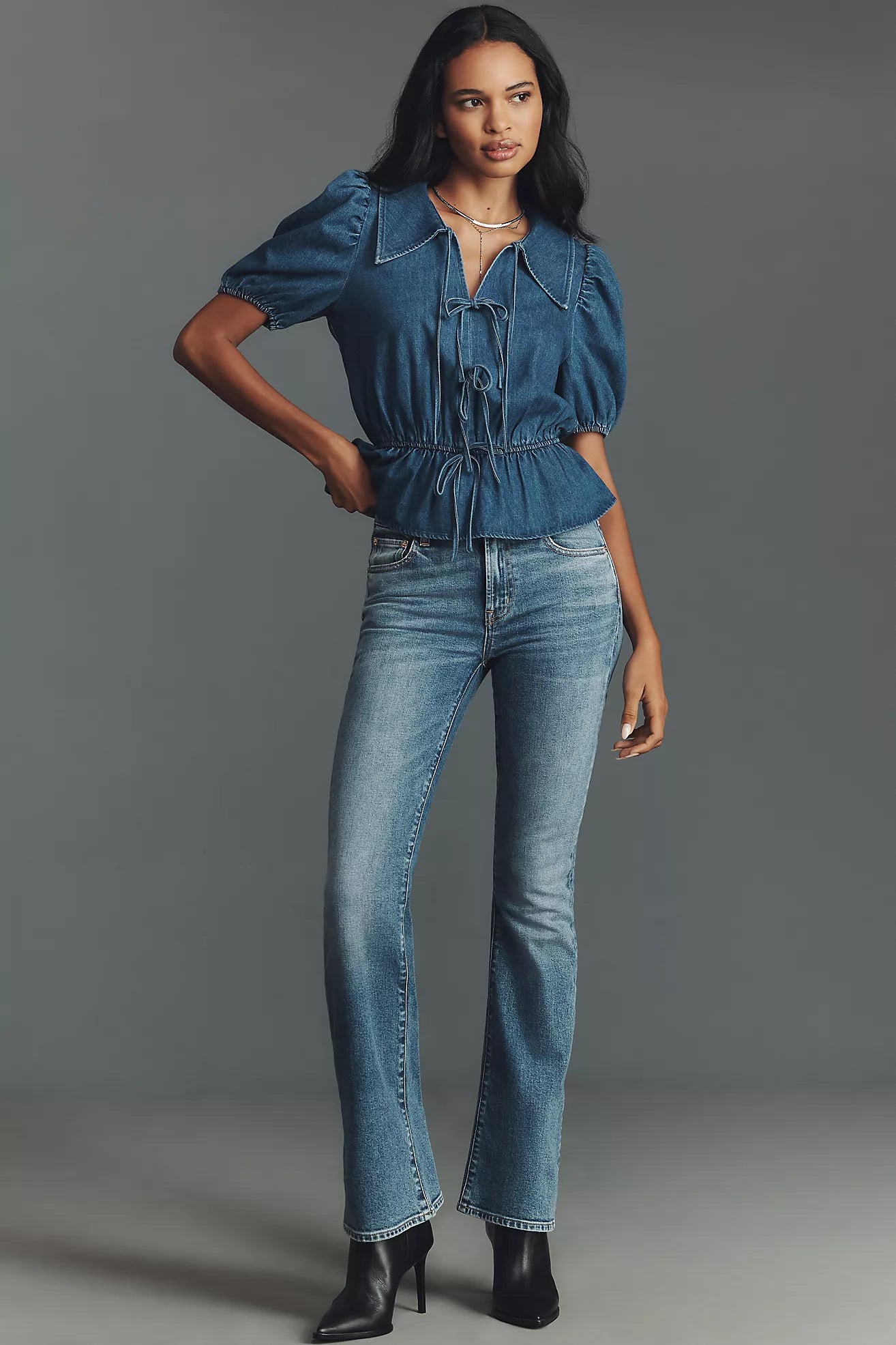 Mare Mare Puff-Sleeve Peplum Denim Top