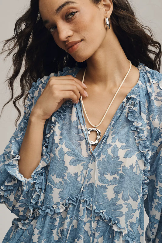 By Anthropologie Long-Sleeve Ruffle Mini Dress