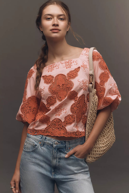 By Anthropologie Cotton Puff-Sleeve Cutwork Blouse