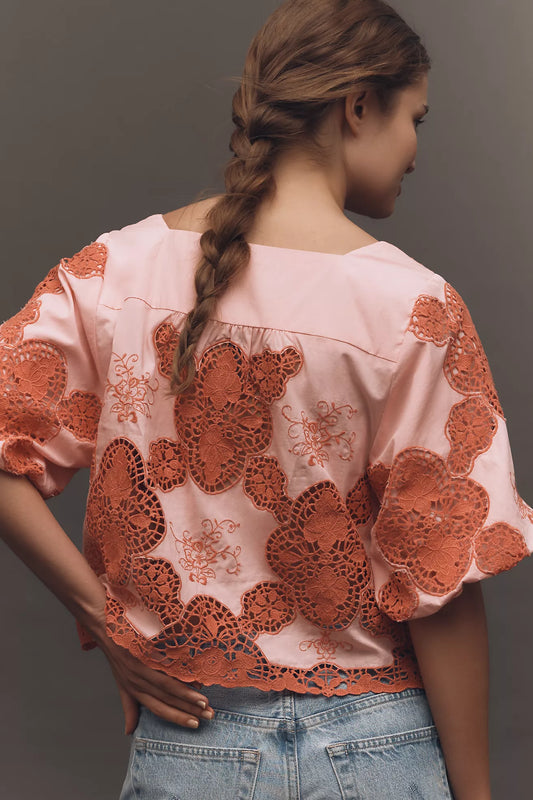 By Anthropologie Cotton Puff-Sleeve Cutwork Blouse