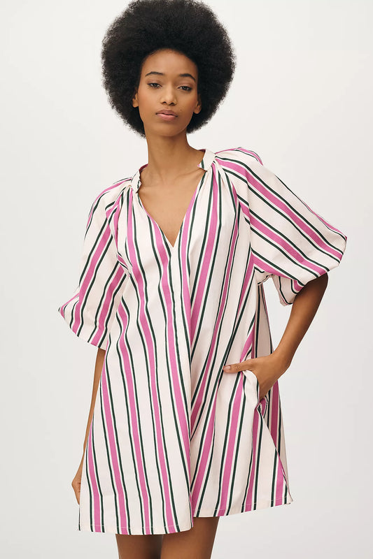 Bel Kazan Puff-Sleeve Striped Mini Kaftan