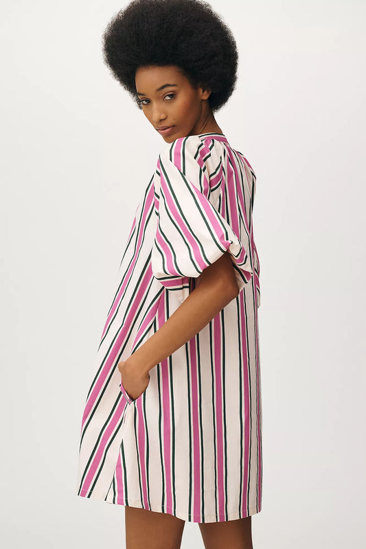 Bel Kazan Puff-Sleeve Striped Mini Kaftan
