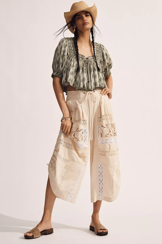 By Anthropologie Lace Ruched Crop Wide-Leg Pants