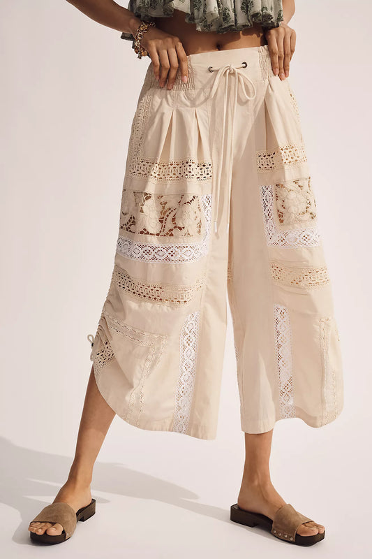 By Anthropologie Lace Ruched Crop Wide-Leg Pants