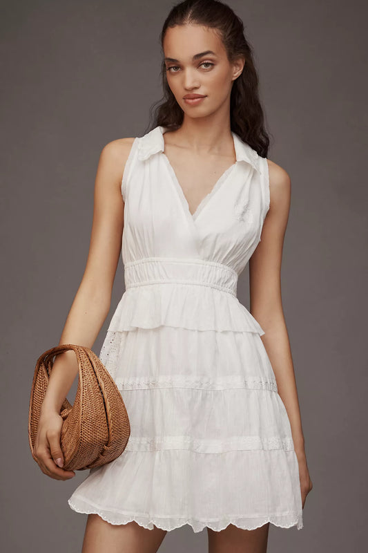 By Anthropologie Collared Halter Tiered Ruffled Mini Dress