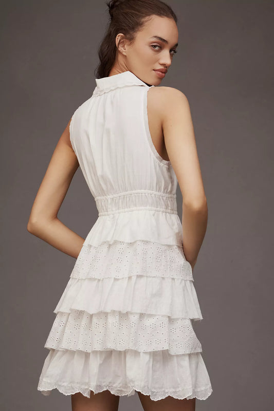 By Anthropologie Collared Halter Tiered Ruffled Mini Dress
