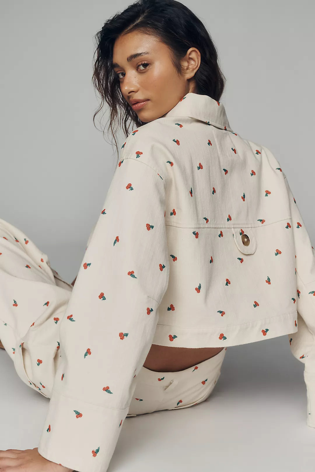 Pilcro Cotton Embroidered Icon Crop Utility Jacket