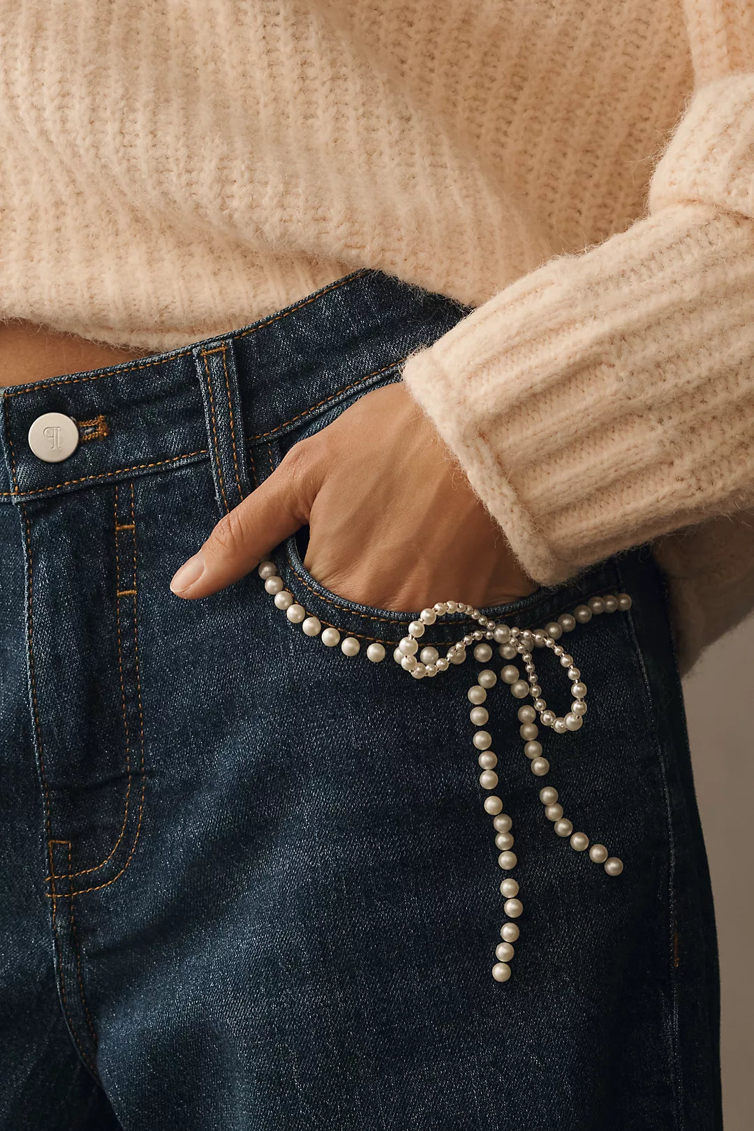 Pilcro Pearl-Embellished Low-Rise Wide-Leg Jeans