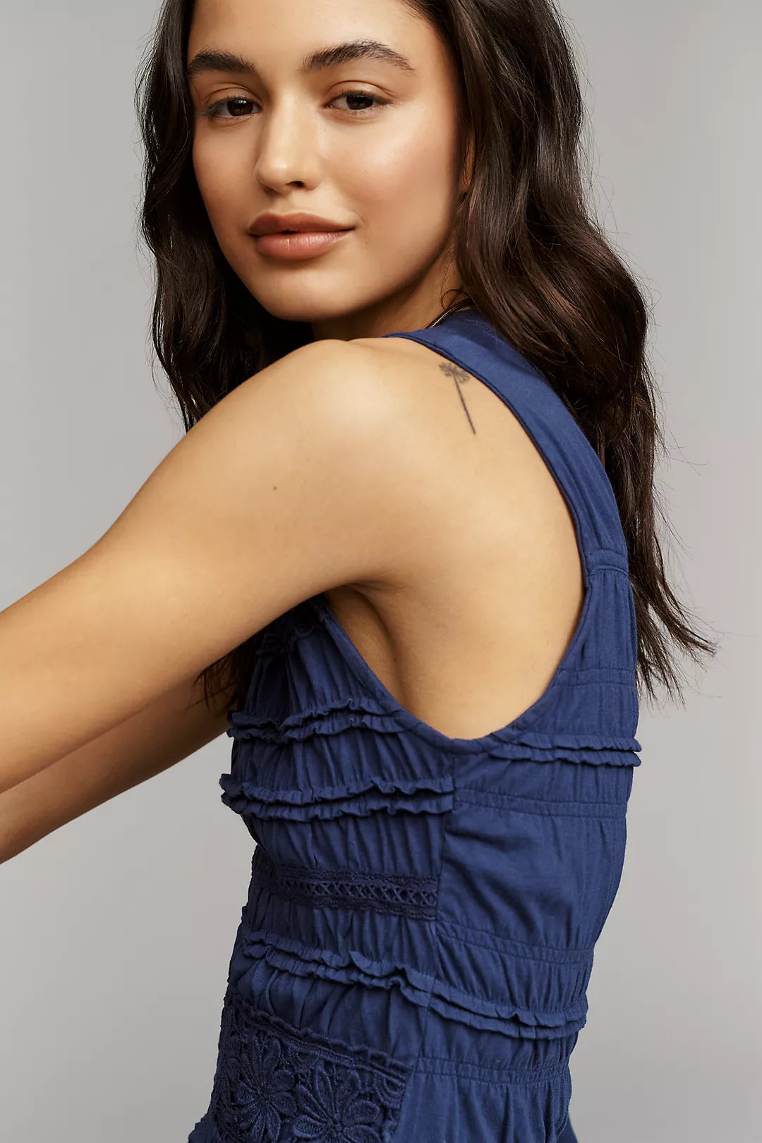 By Anthropologie Smocked Lace Ruffle Tank