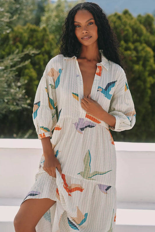 The Carolita Printed Tiered Shirt Dress by Celandine