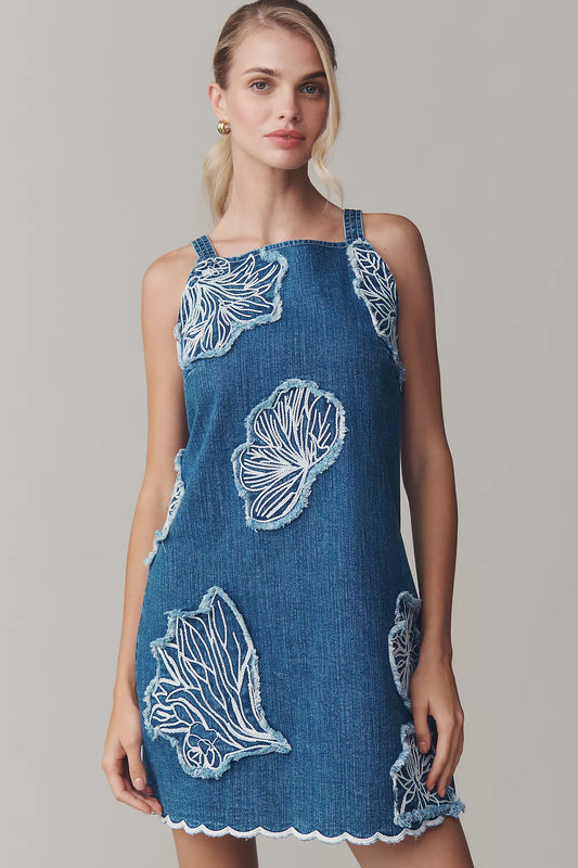 Maeve Sleeveless Embroidered Denim Mini Dress