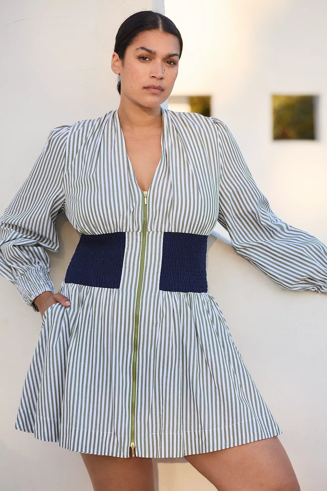 The Tommie Smocked Front-Zip Shirt Dress: Long-Sleeve Mini Edition