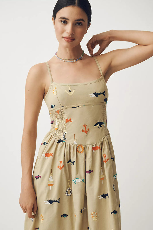 Maeve Sleeveless Square-Neck Drop-Waist Midi Dress