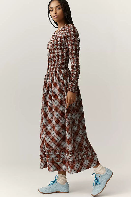 Damson Madder Posey Smocked Long-Sleeve Organic Cotton Midi Dress
