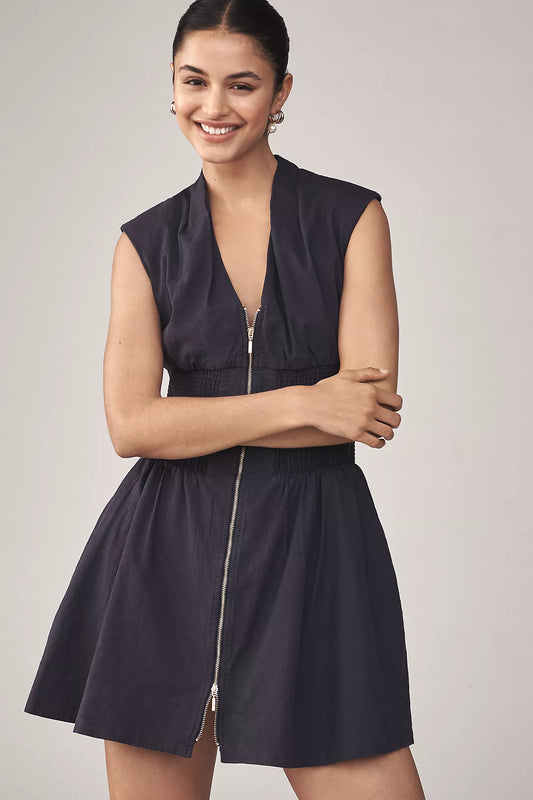 The Tommie Cap-Sleeve Linen Smocked Front-Zip Mini Shirt Dress