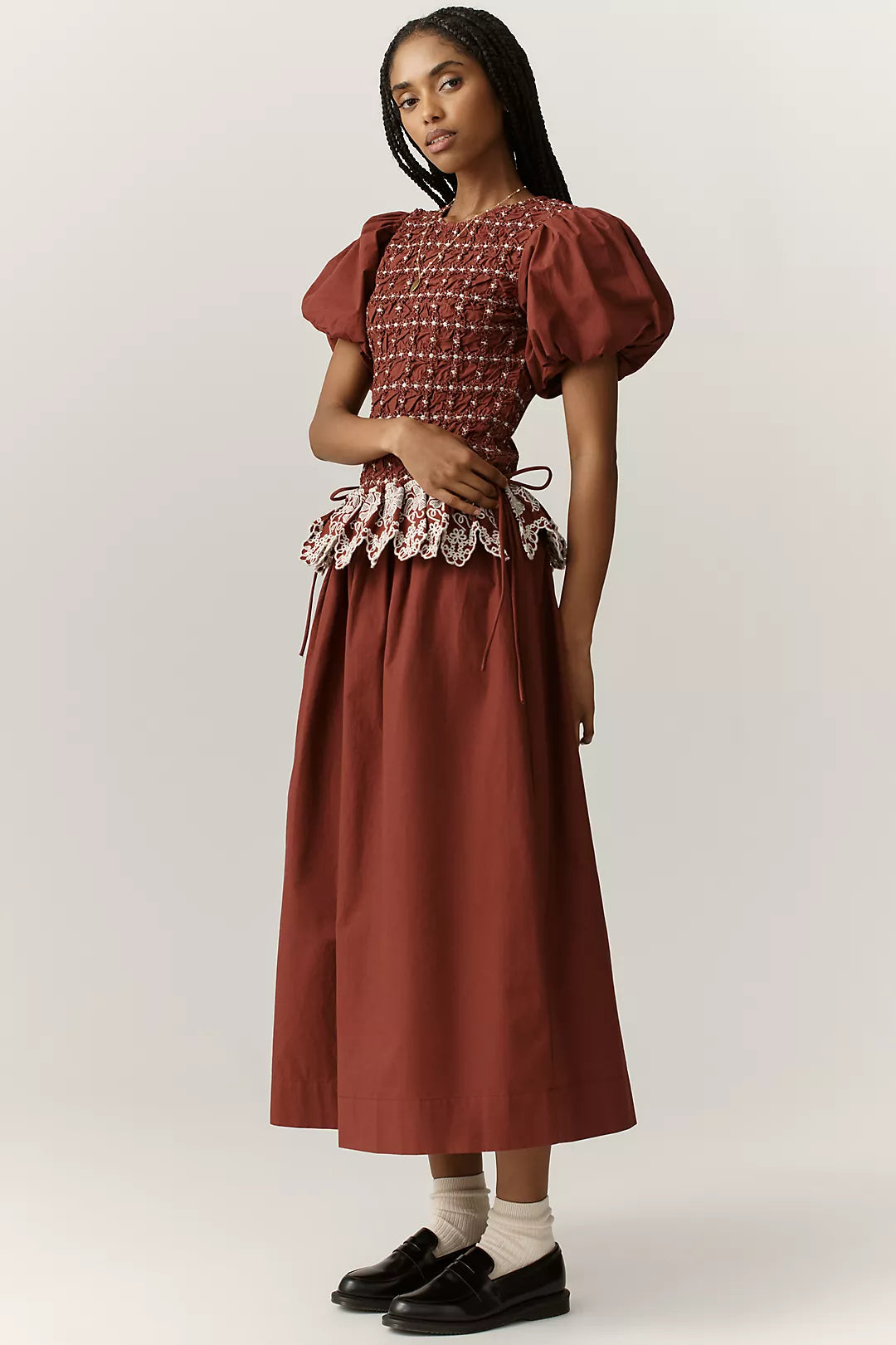 Damson Madder Audrey Puff-Sleeve Organic Cotton Midi Dress