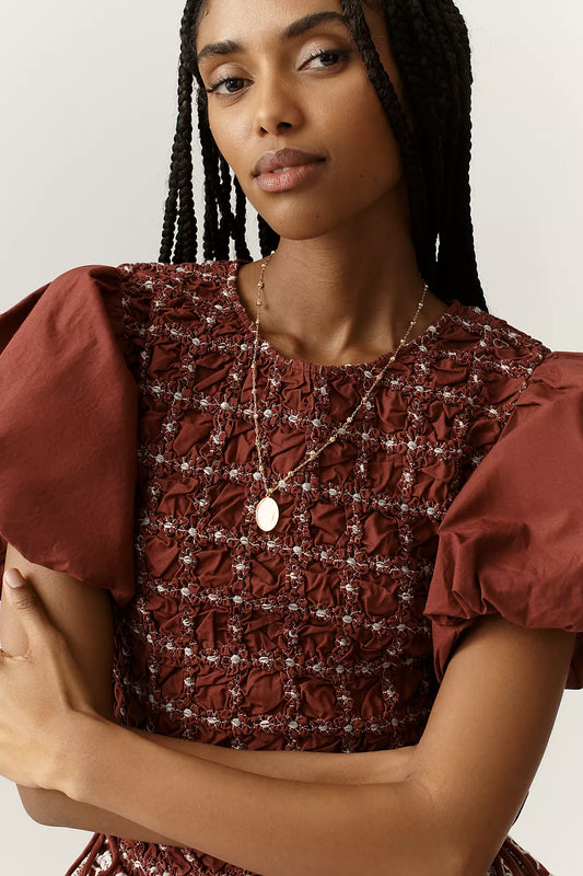 Damson Madder Audrey Puff-Sleeve Organic Cotton Midi Dress