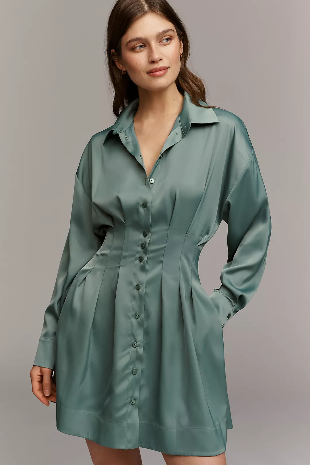 The Tobie Long-Sleeve Satin Mini Shirtdress by Exquise