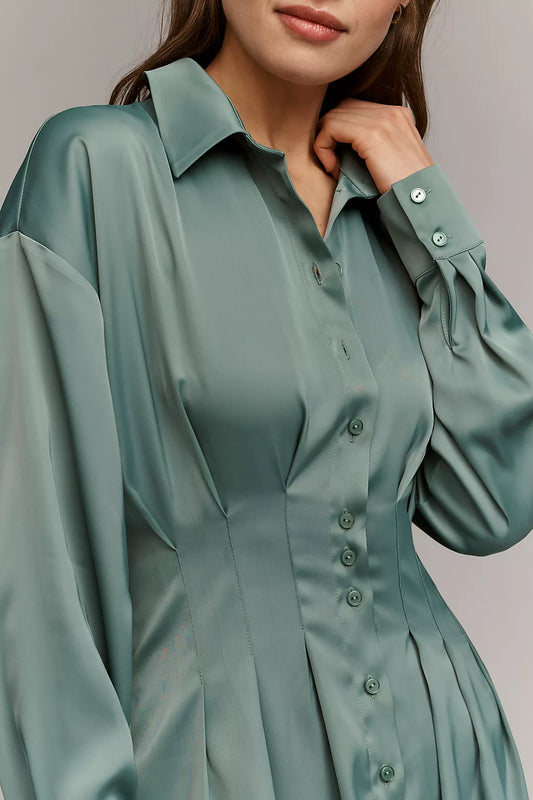 The Tobie Long-Sleeve Satin Mini Shirtdress by Exquise