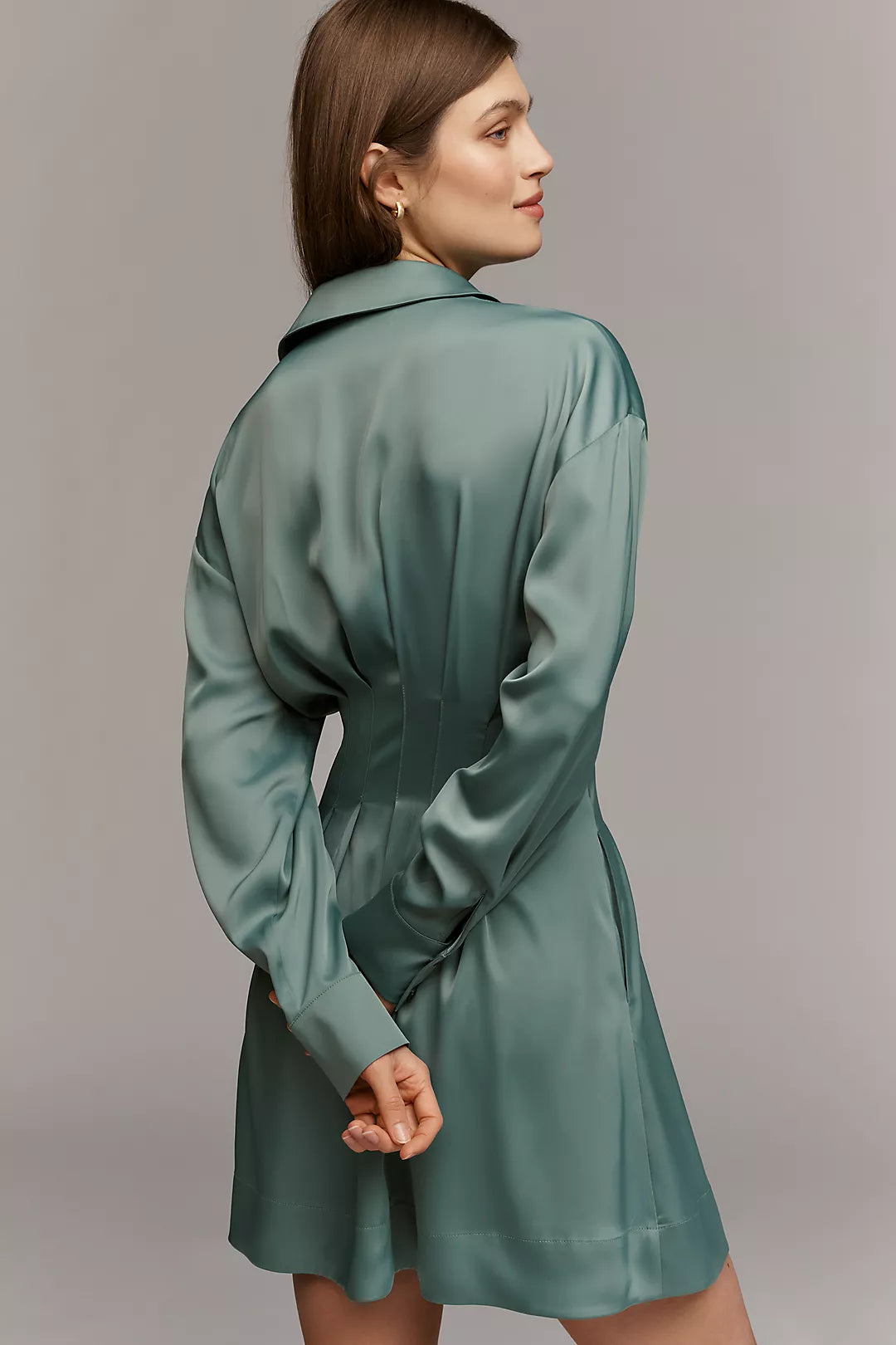 The Tobie Long-Sleeve Satin Mini Shirtdress by Exquise