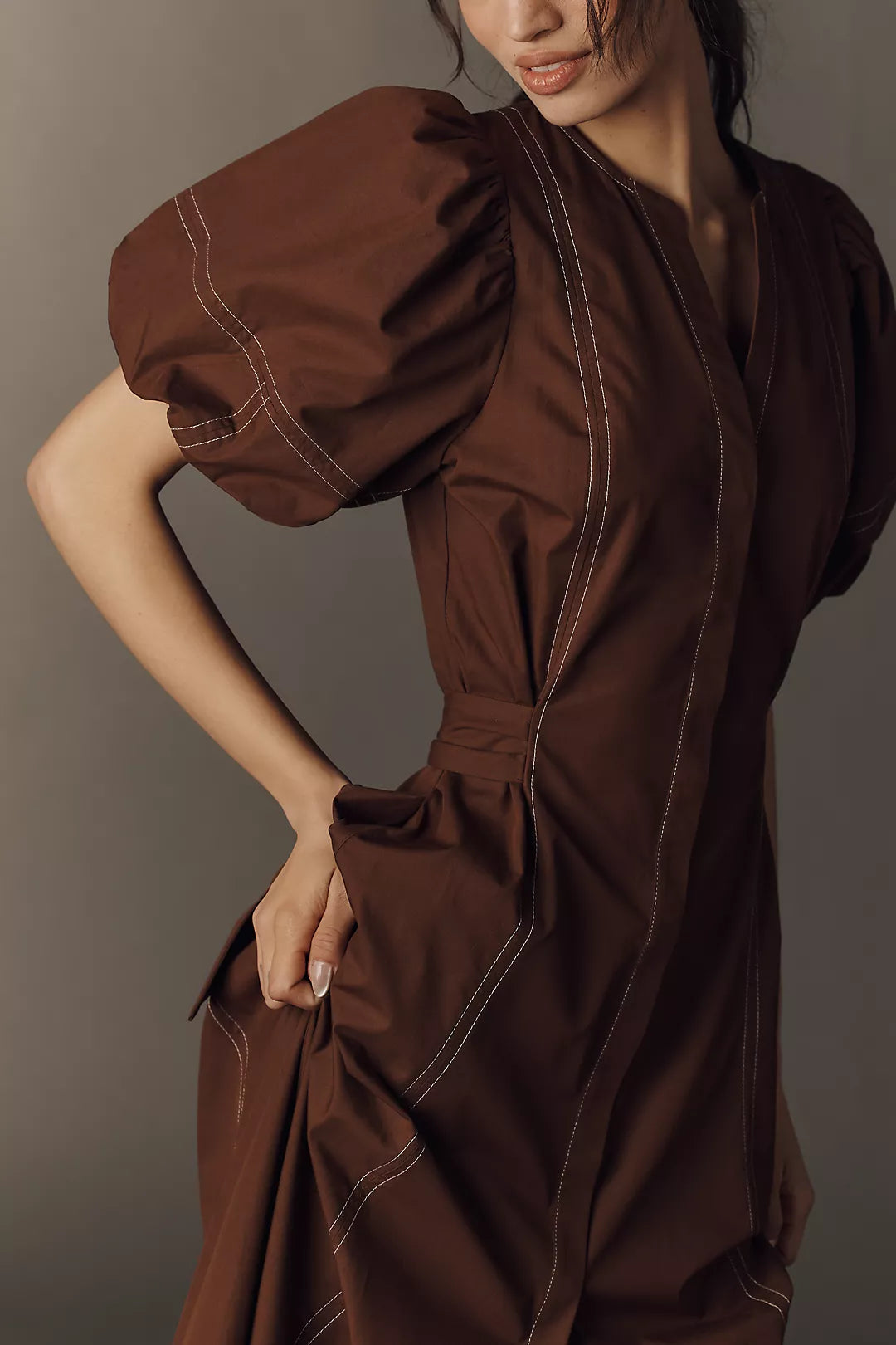 The Exquise Stitched Puff-Sleeve Midi Dress