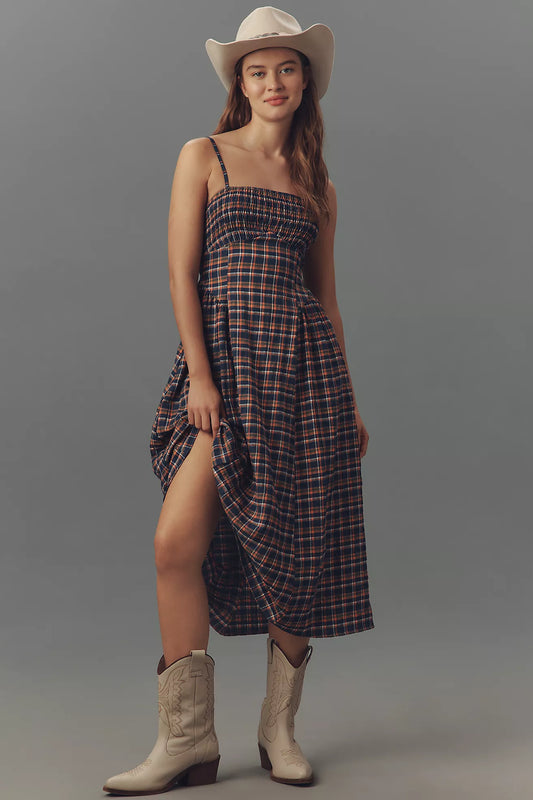 Pilcro Sleeveless Smocked Plaid Midi Dress