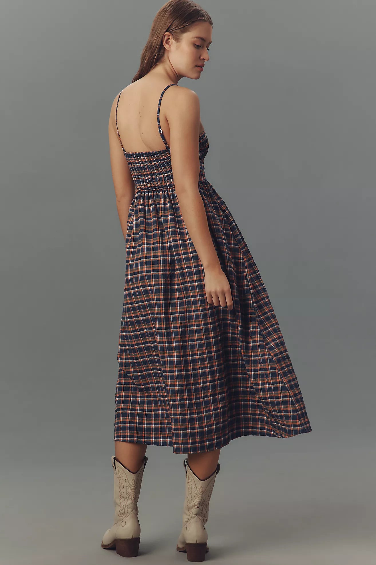 Pilcro Sleeveless Smocked Plaid Midi Dress
