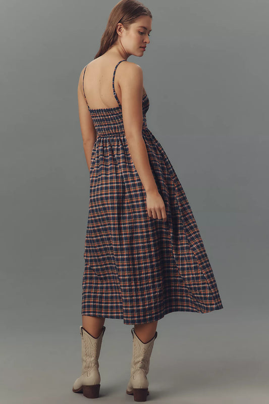 Pilcro Sleeveless Smocked Plaid Midi Dress