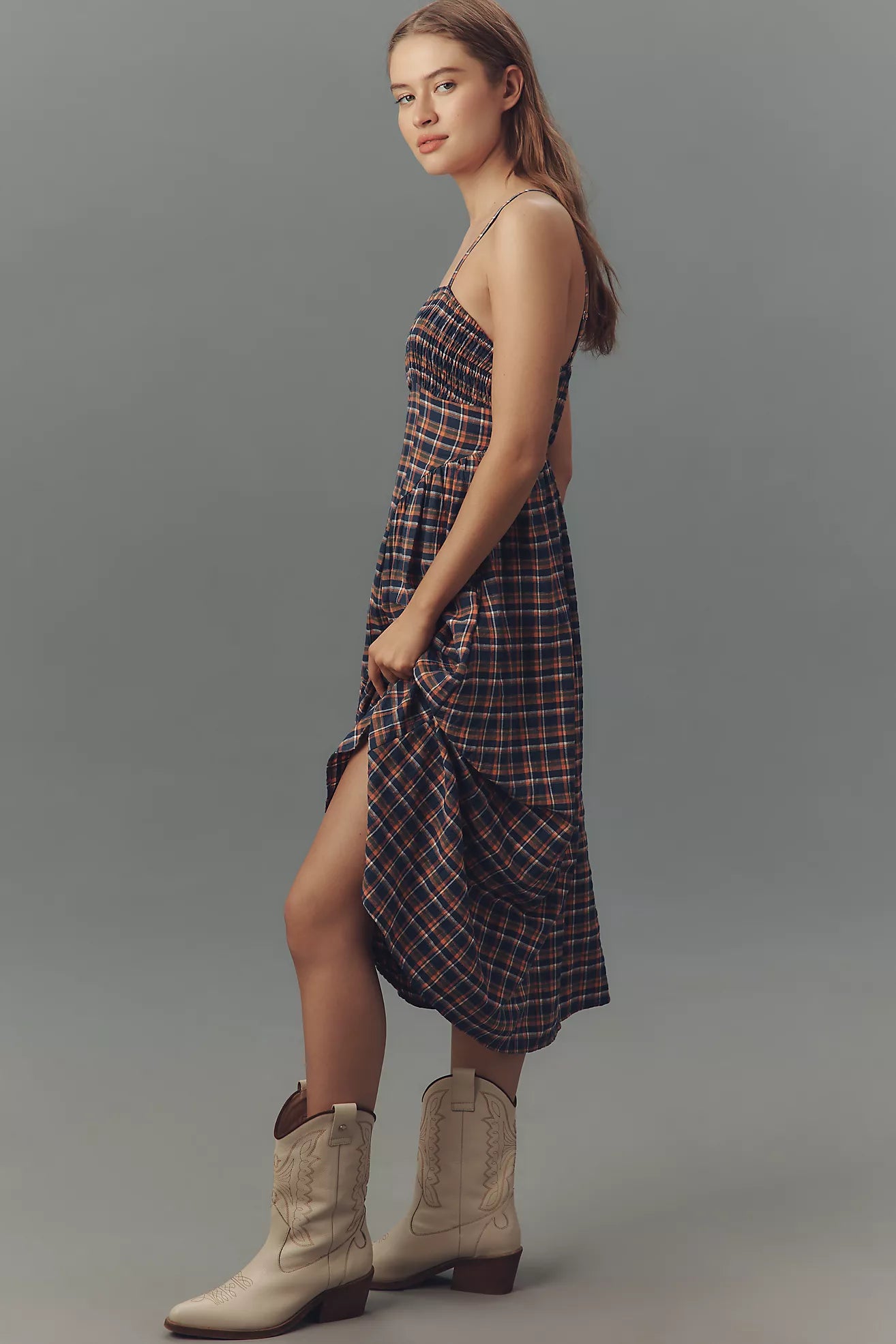 Pilcro Sleeveless Smocked Plaid Midi Dress