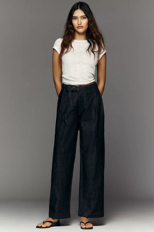 Maeve Belted Pleated High-Rise Wide-Leg Jeans