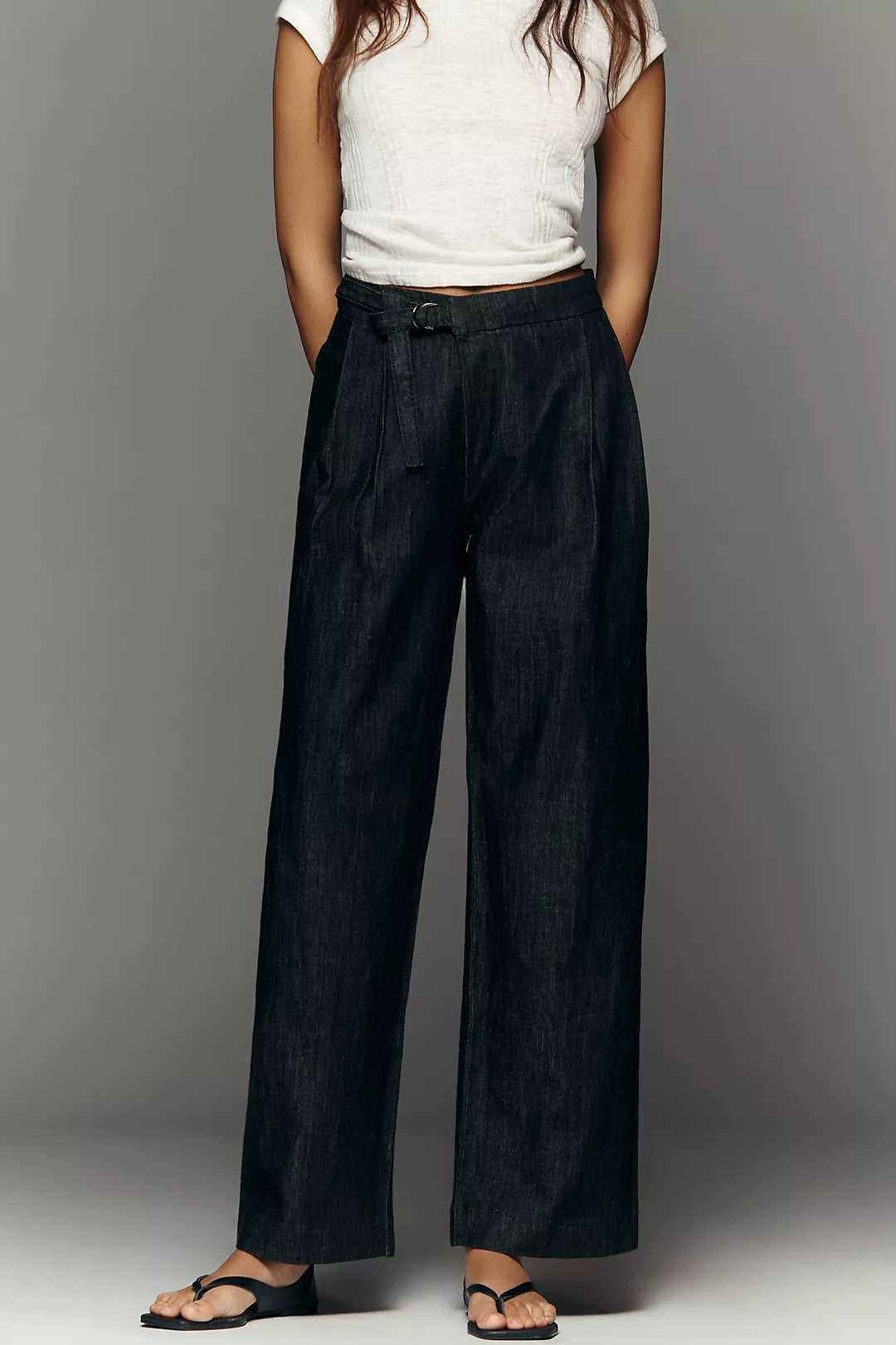 Maeve Belted Pleated High-Rise Wide-Leg Jeans