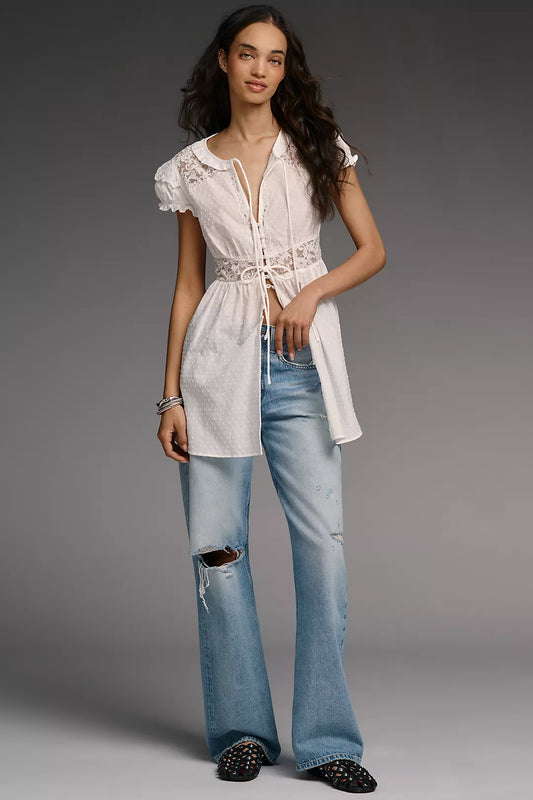 By Anthropologie Short-Sleeve Airy Embroidered Tunic Top