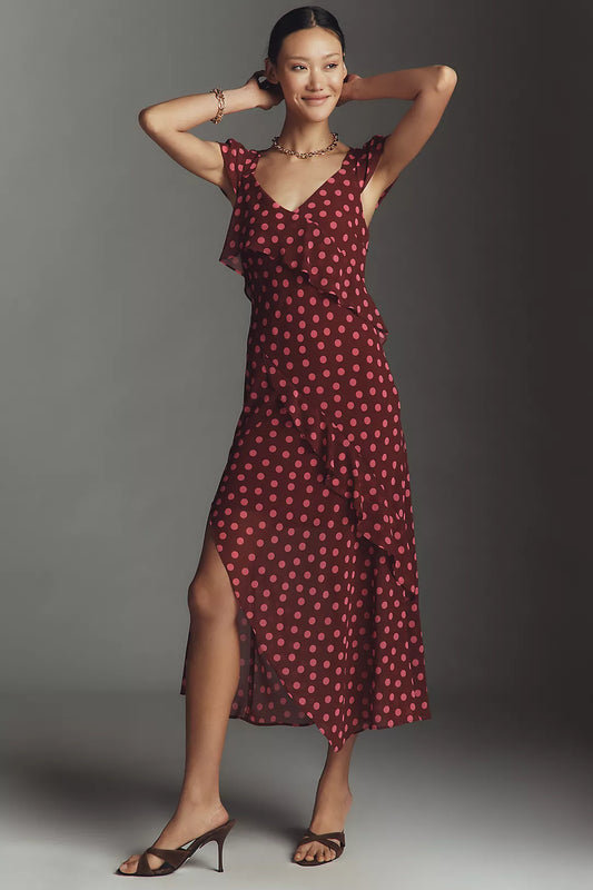 By Anthropologie Ruffle-Sleeve Floral Slip Midi Dress