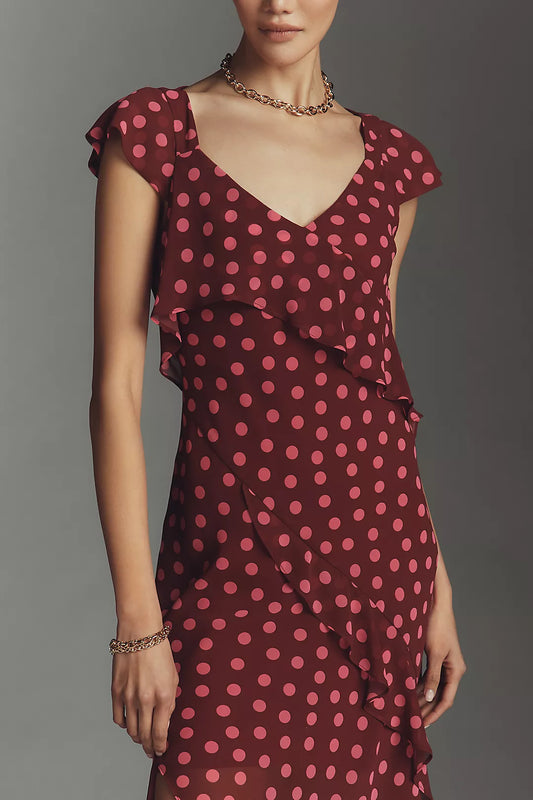 By Anthropologie Ruffle-Sleeve Floral Slip Midi Dress