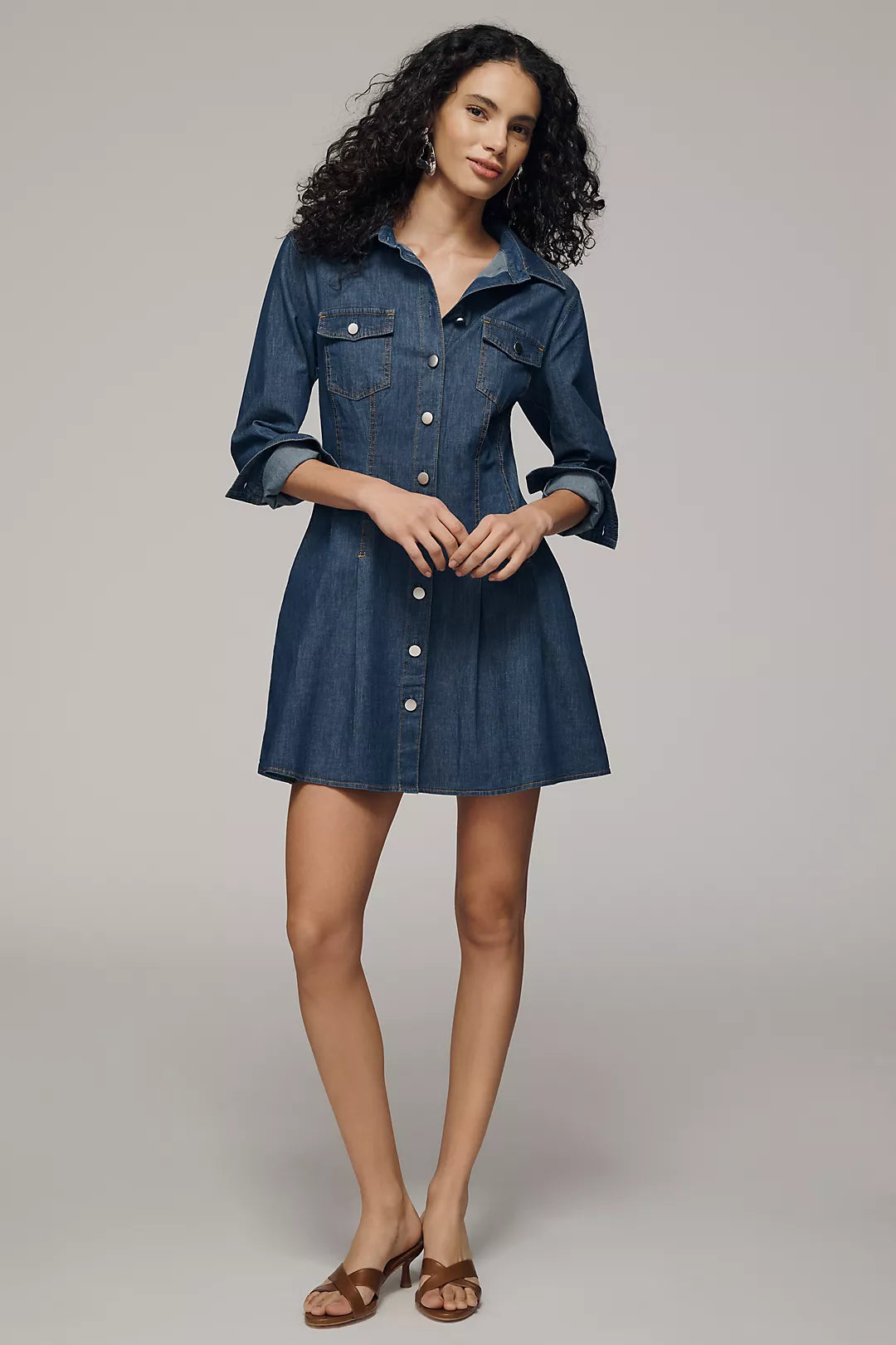 Exquise Long-Sleeve Waisted Denim Mini Shirtdress