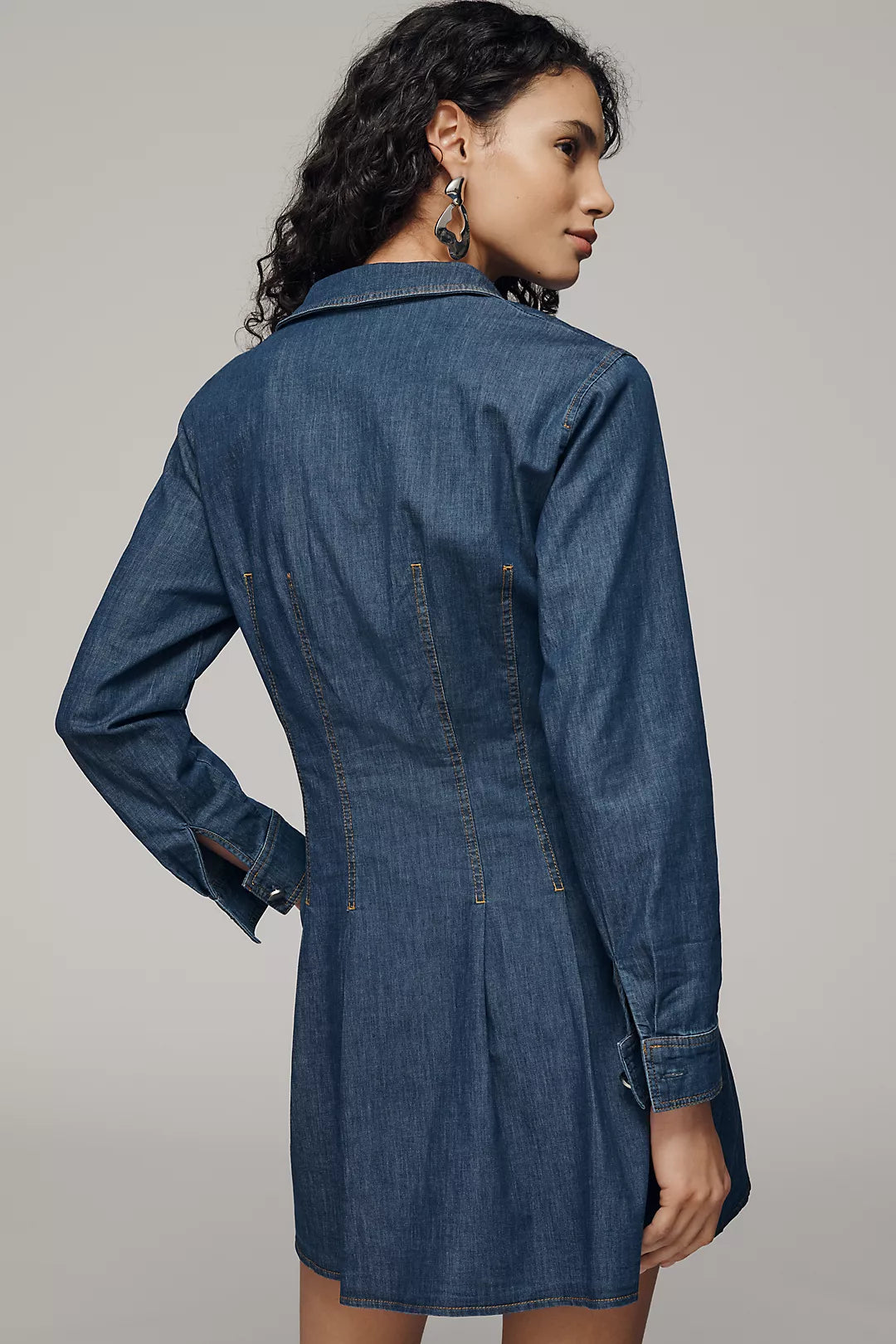 Exquise Long-Sleeve Waisted Denim Mini Shirtdress