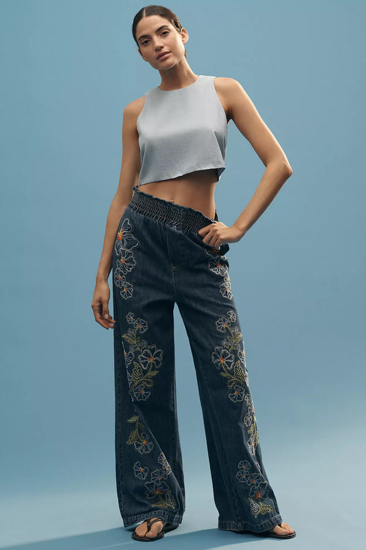 Driftwood Isadora Embroidered High-Rise Wide-Leg Jeans