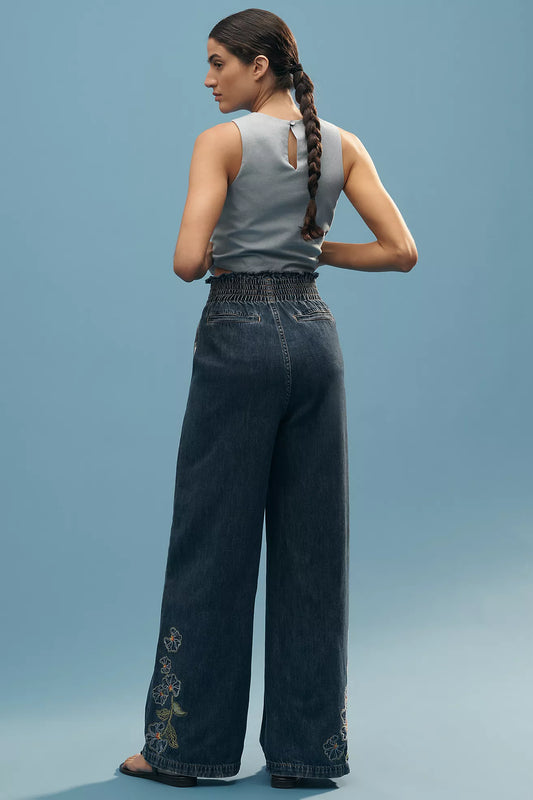 Driftwood Isadora Embroidered High-Rise Wide-Leg Jeans