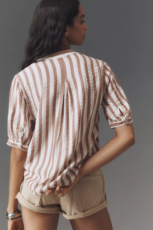 Cloth & Stone Linen Blend Short-Sleeve Half-Placket Striped Blouse