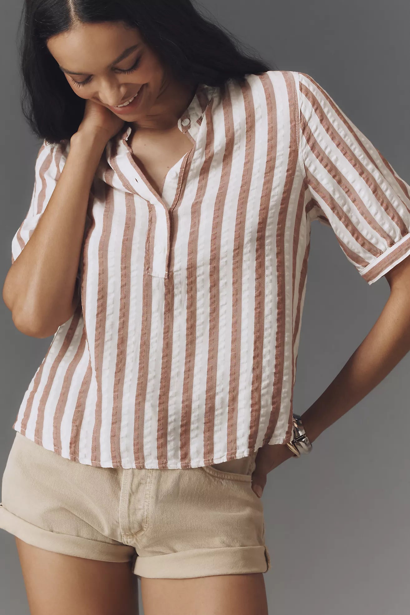 Cloth & Stone Linen Blend Short-Sleeve Half-Placket Striped Blouse