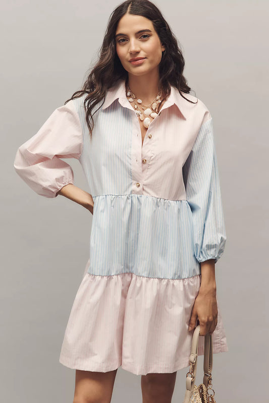The Bettina Stripe Mix Tiered Mini Shirt Dress by Maeve