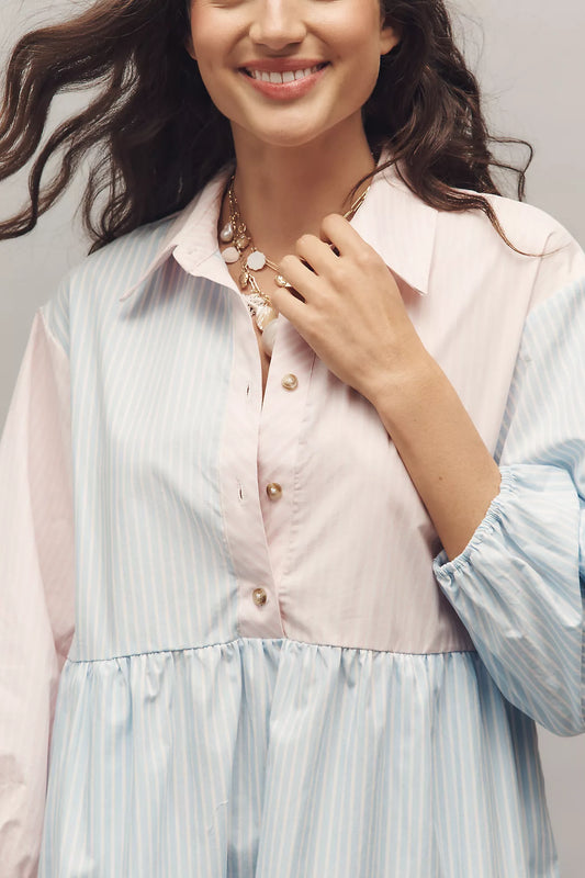 The Bettina Stripe Mix Tiered Mini Shirt Dress by Maeve