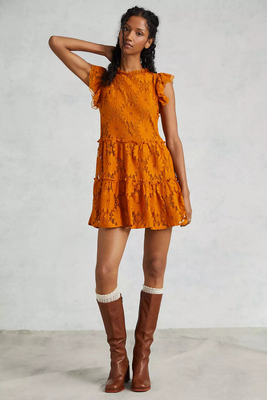 Blue Tassel Tiered Lace Tunic Dress