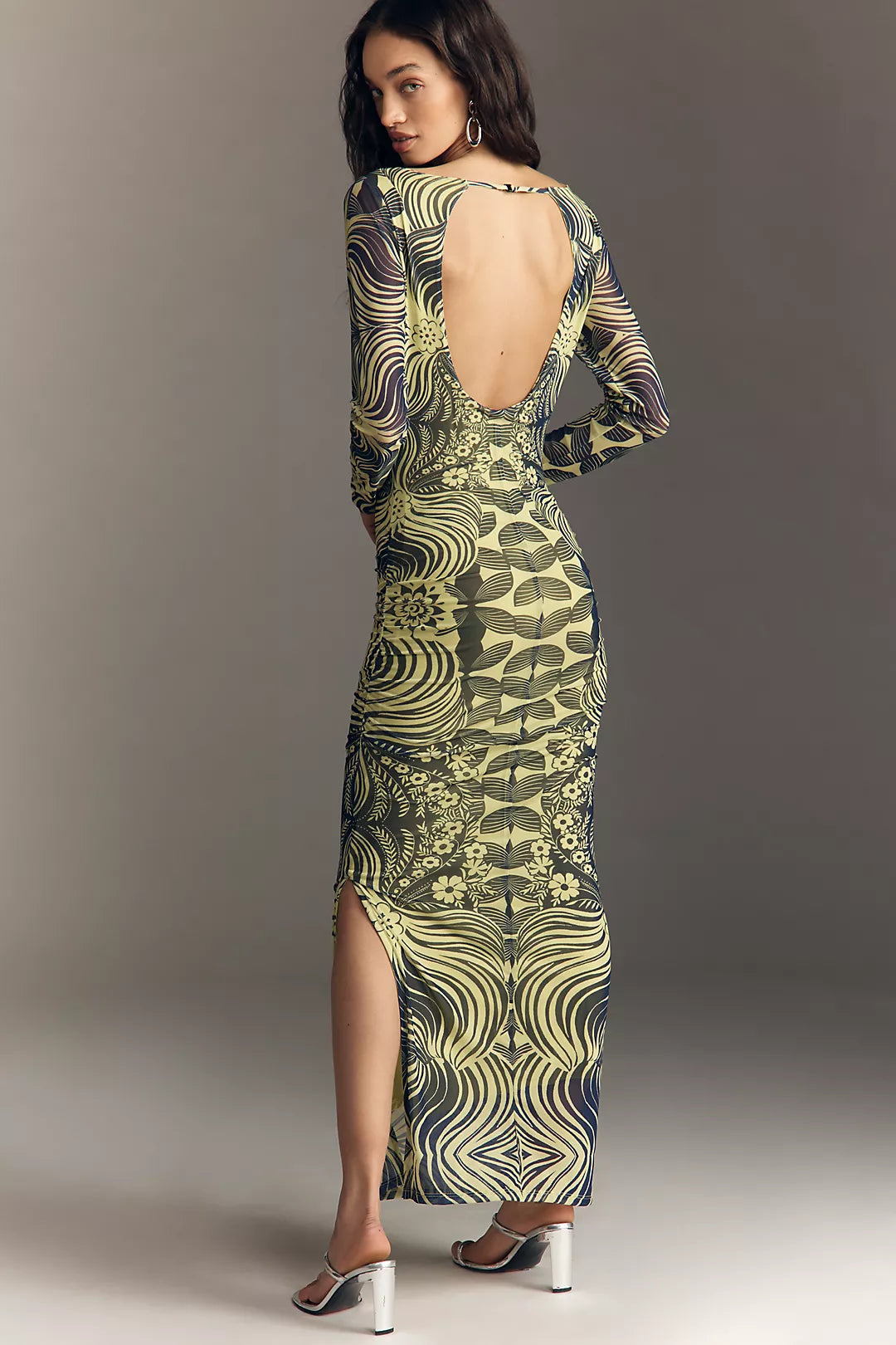 By Anthropologie Long-Sleeve Open-Back Mesh Maxi Dress
