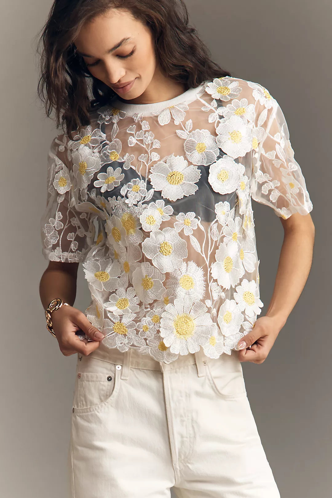 Dolan Left Coast Flower Appliqué Sheer Tee