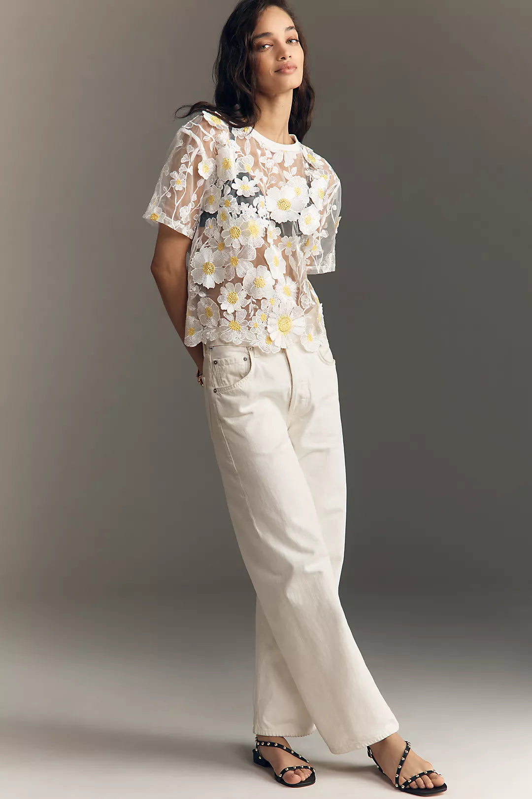 Dolan Left Coast Flower Appliqué Sheer Tee