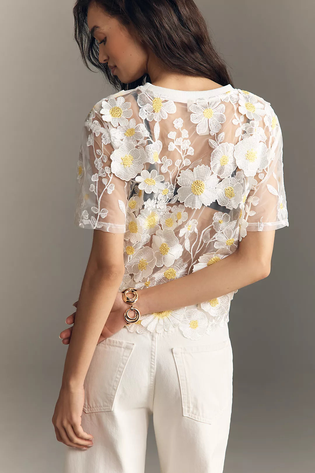 Dolan Left Coast Flower Appliqué Sheer Tee
