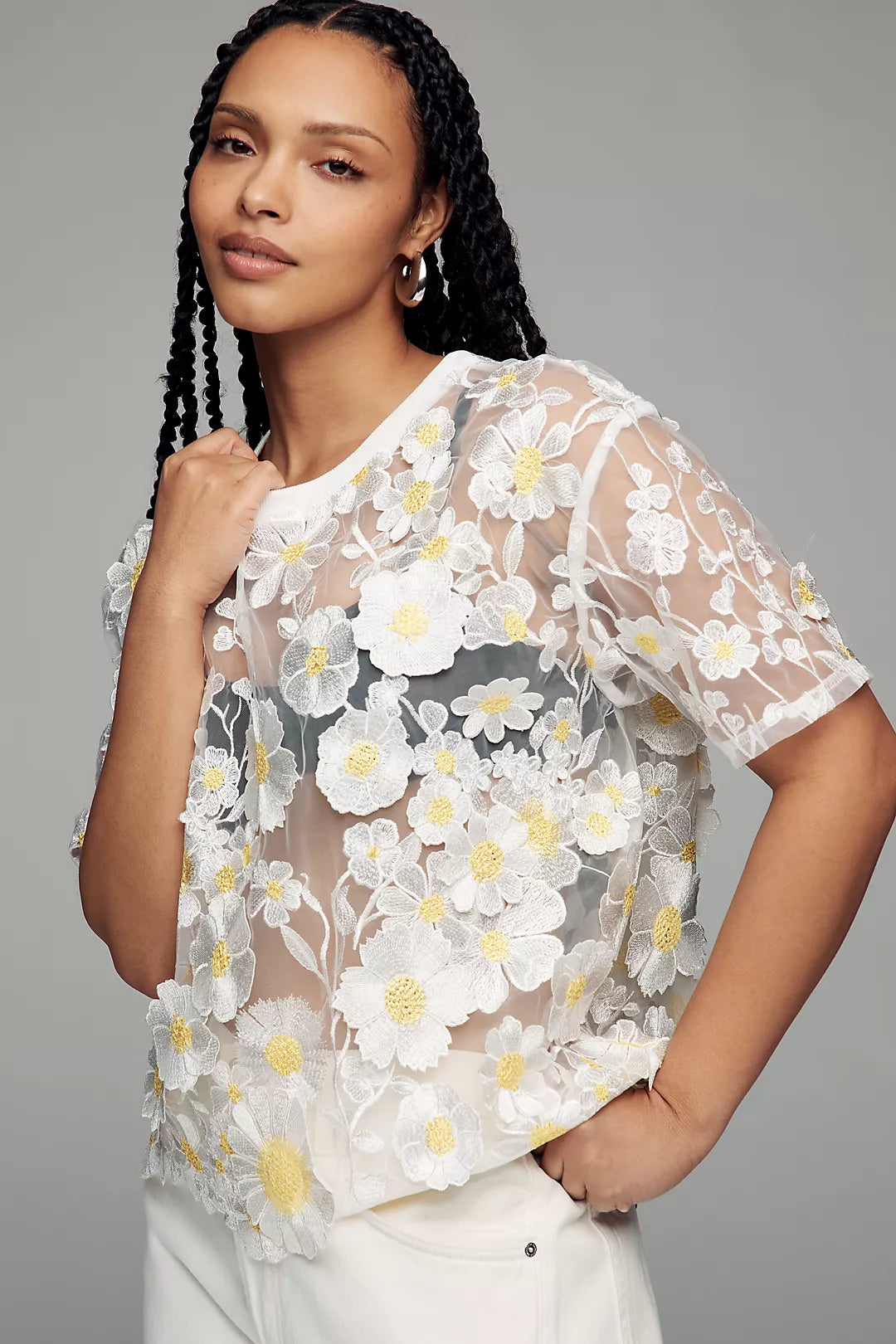 Dolan Left Coast Flower Appliqué Sheer Tee