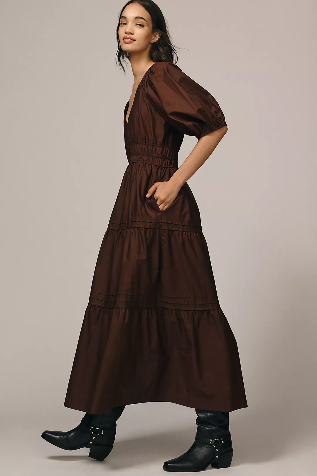 Maeve Smocked V-Neck Half-Sleeve Tiered Midi Dress